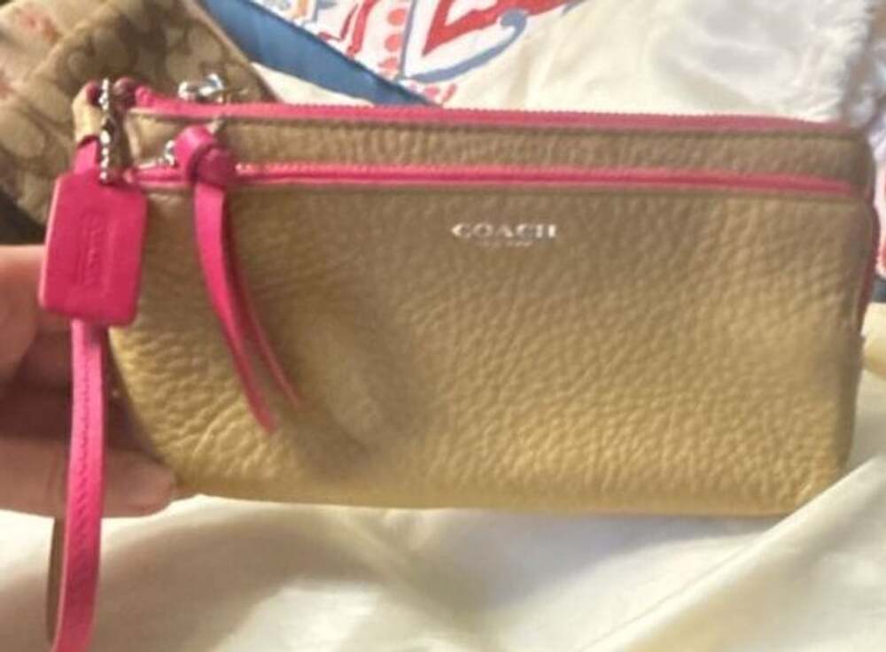 Coach Double Zip Wristlet Camel Pink Leather Wallet